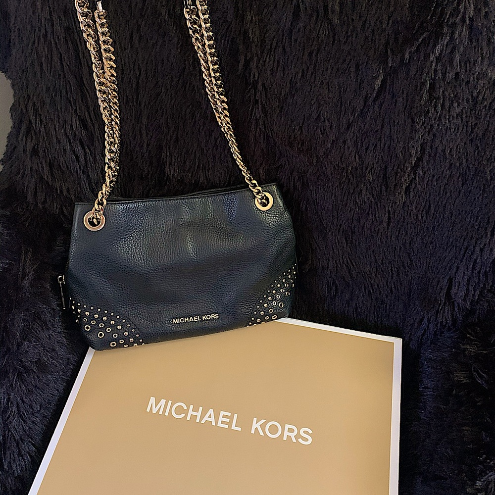 MICHAEL KORS Black with Gold studded Gold chain purse